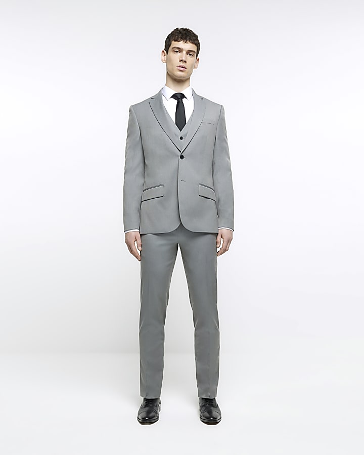 Grey skinny fit herringbone suit trousers