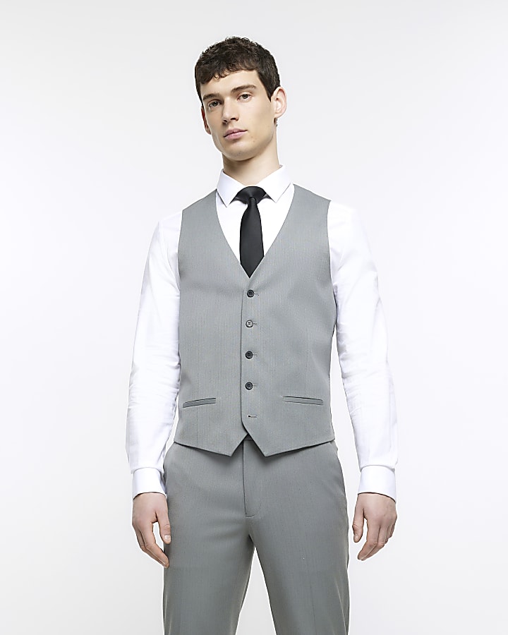 Grey skinny fit herringbone waistcoat