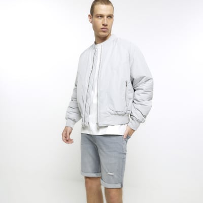 Grey skinny fit ripped denim shorts