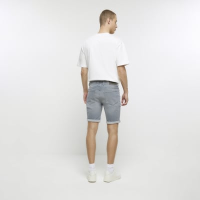 Grey skinny fit ripped denim shorts