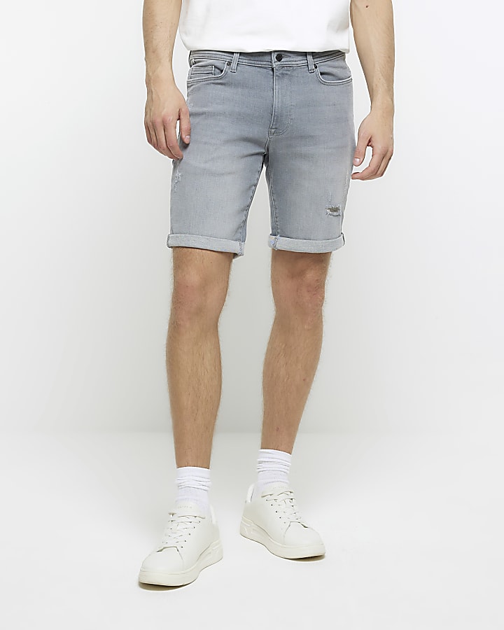 Grey skinny fit ripped denim shorts