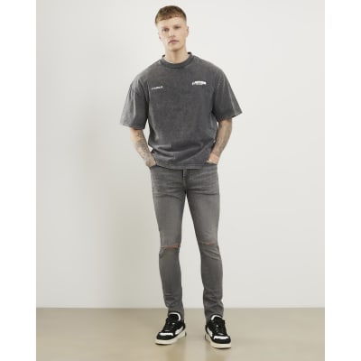 Grey Skinny Fit Ripped Stretch Jeans