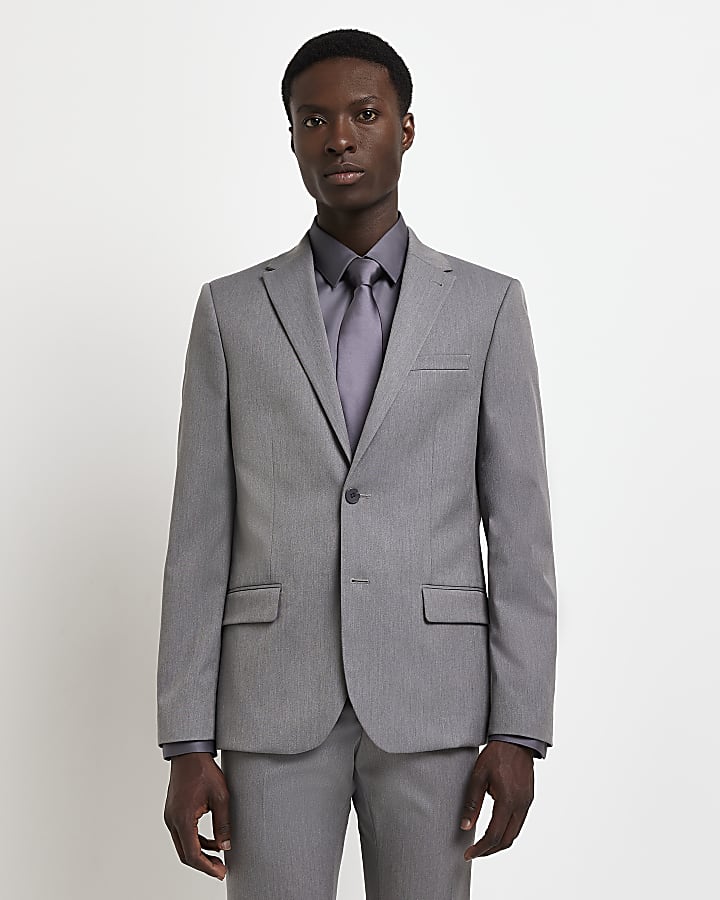 Grey skinny fit twill suit jacket