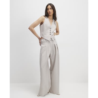 Grey Sleeveless Pinstripe Cropped Waistcoat