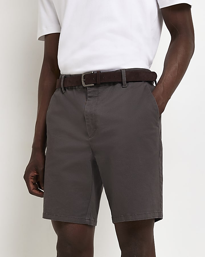 Grey Slim fit Belted Chino Shorts
