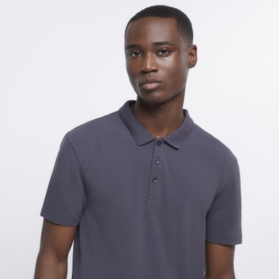 Grey slim fit buttoned polo shirt | River Island