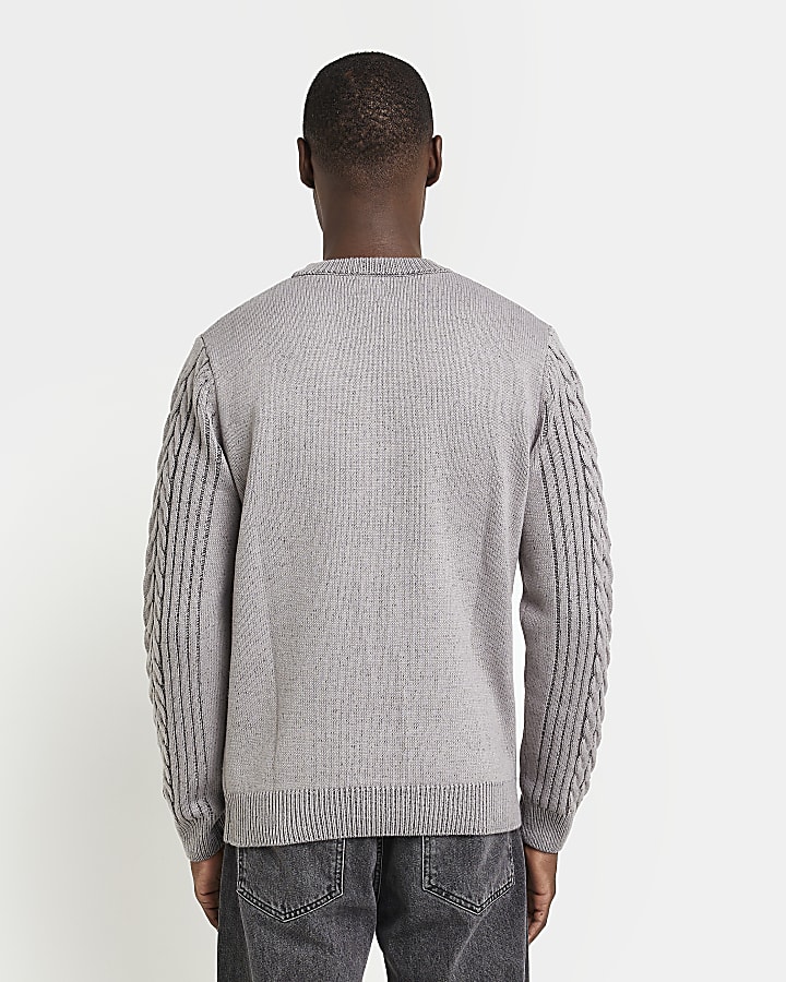 Grey Slim Fit cable knit jumper