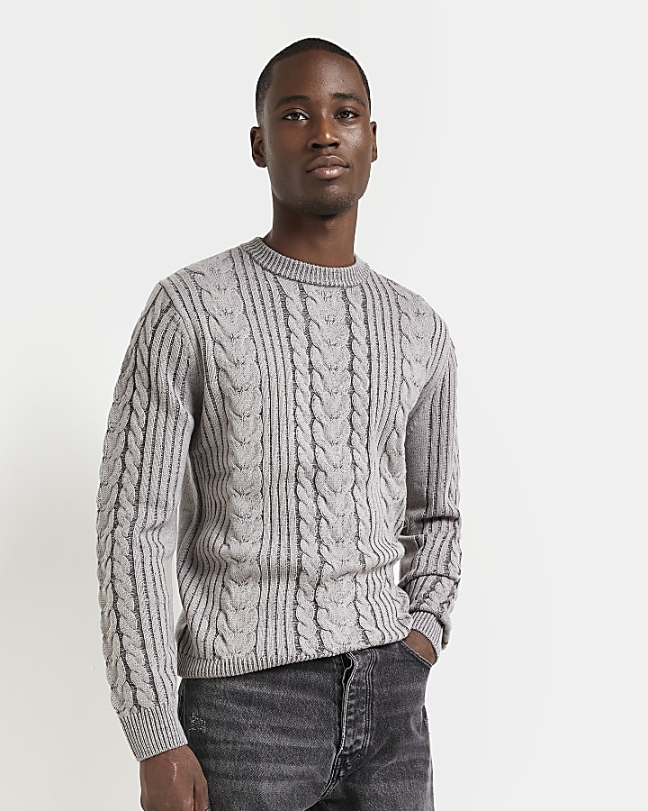 Grey Slim Fit cable knit jumper