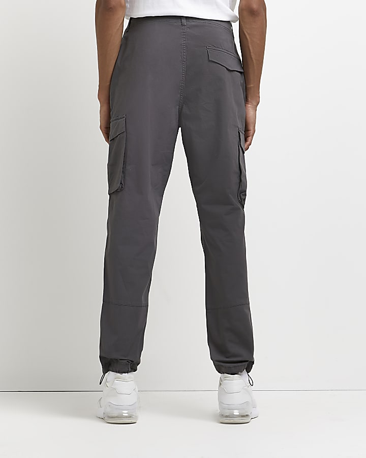 Grey slim fit casual washed cargo trousers