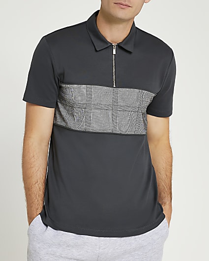 Grey slim fit check block polo shirt