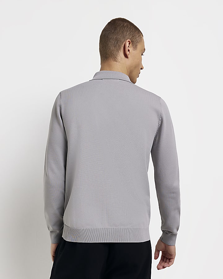 Grey slim fit check knitted polo shirt