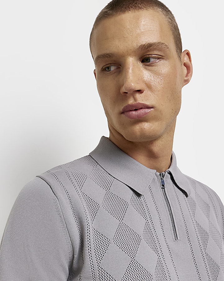 Grey slim fit check knitted polo shirt