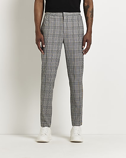 Grey slim fit check print jogger trousers