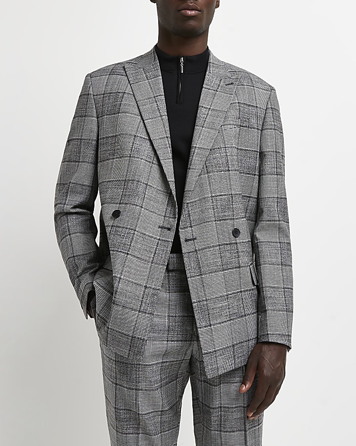 Grey slim fit check print suit jacket