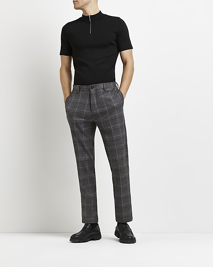 Grey slim fit check print trousers