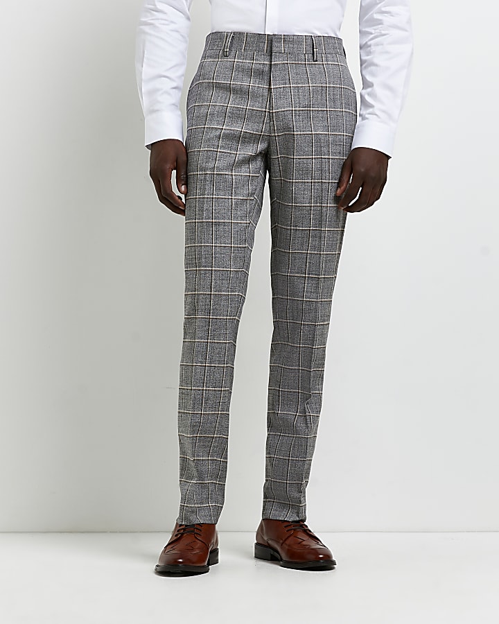 Grey slim fit check suit trousers