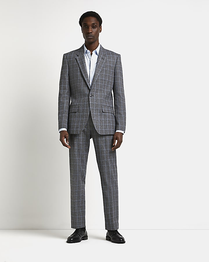 Grey slim fit check wool blend suit jacket