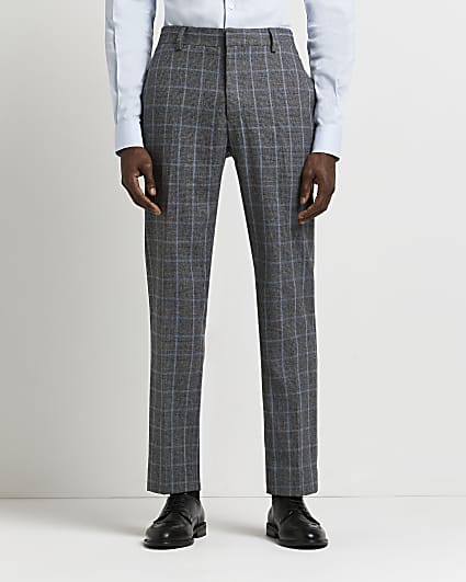 Grey slim fit check wool blend suit trousers