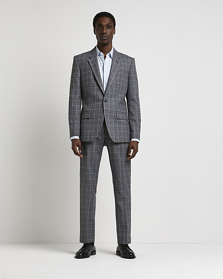 Grey slim fit check wool blend suit trousers