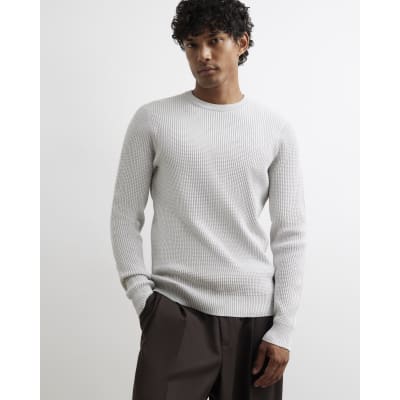 Grey Slim Fit Cotton Waffle Knitted Jumper