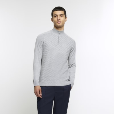 Grey slim fit diagonal half zip jumper | River Island