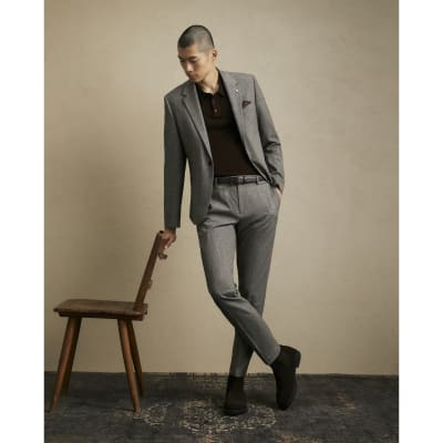 Grey Slim Fit Dogtooth Suit Trousers