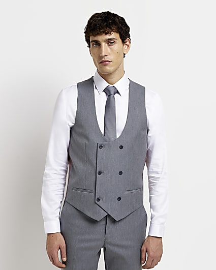 Grey slim fit Double breasted twill waistcoat