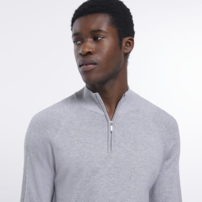 Grey Slim fit half zip Knitted jumper | River Island