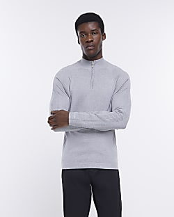 Grey Slim fit half zip Knitted jumper
