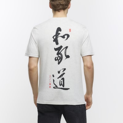Grey slim fit Japanese spine graphic t-shirt | River Island