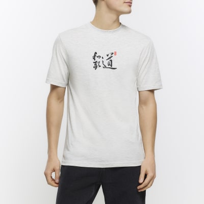slim t-shirt Japanese Island River | fit Grey graphic spine