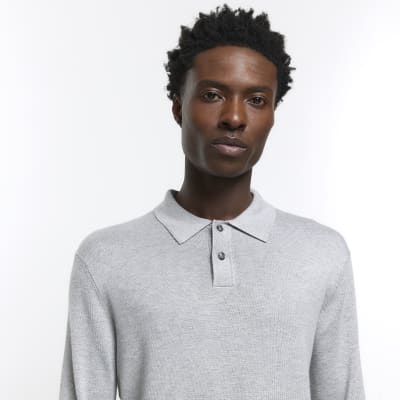 Grey slim fit knitted long sleeve polo | River Island