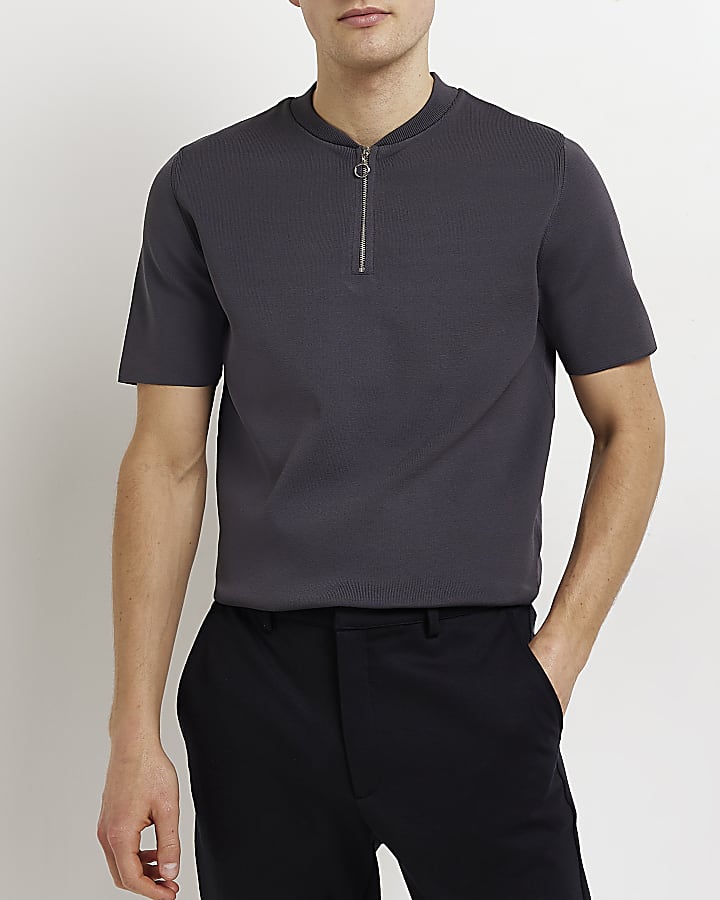 Grey Slim fit knitted polo shirt