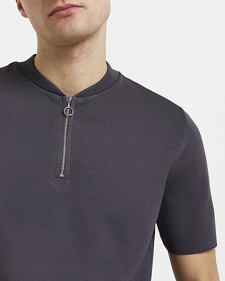 Grey Slim fit knitted polo shirt