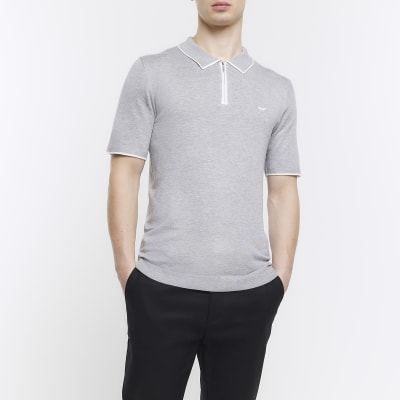 Grey slim fit knitted quarter zip polo