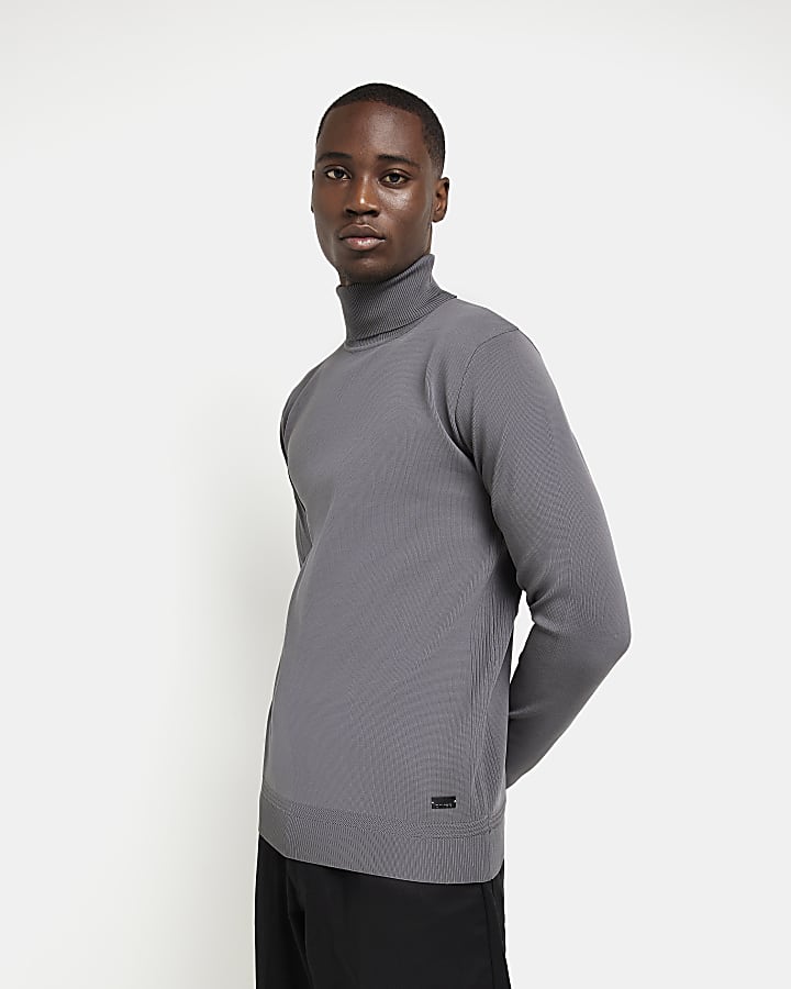 Grey Slim fit Knitted Roll Neck jumper
