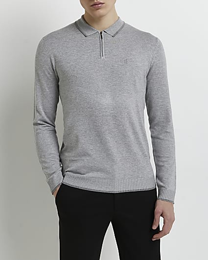 Grey slim fit long sleeve knitted polo shirt