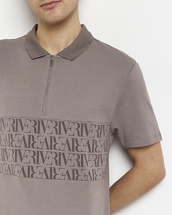 Grey slim fit monogram polo shirt