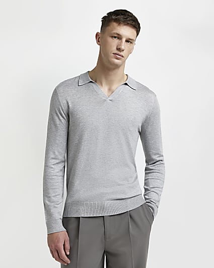 Grey slim fit open neck knitted polo shirt