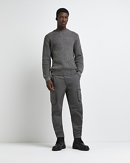 Grey slim fit plaited rib knitted jumper