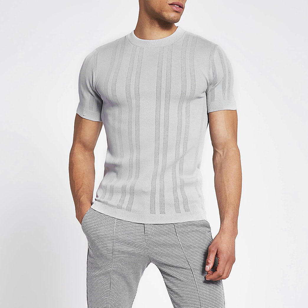 Grey slim fit pointelle knitted T-shirt | River Island