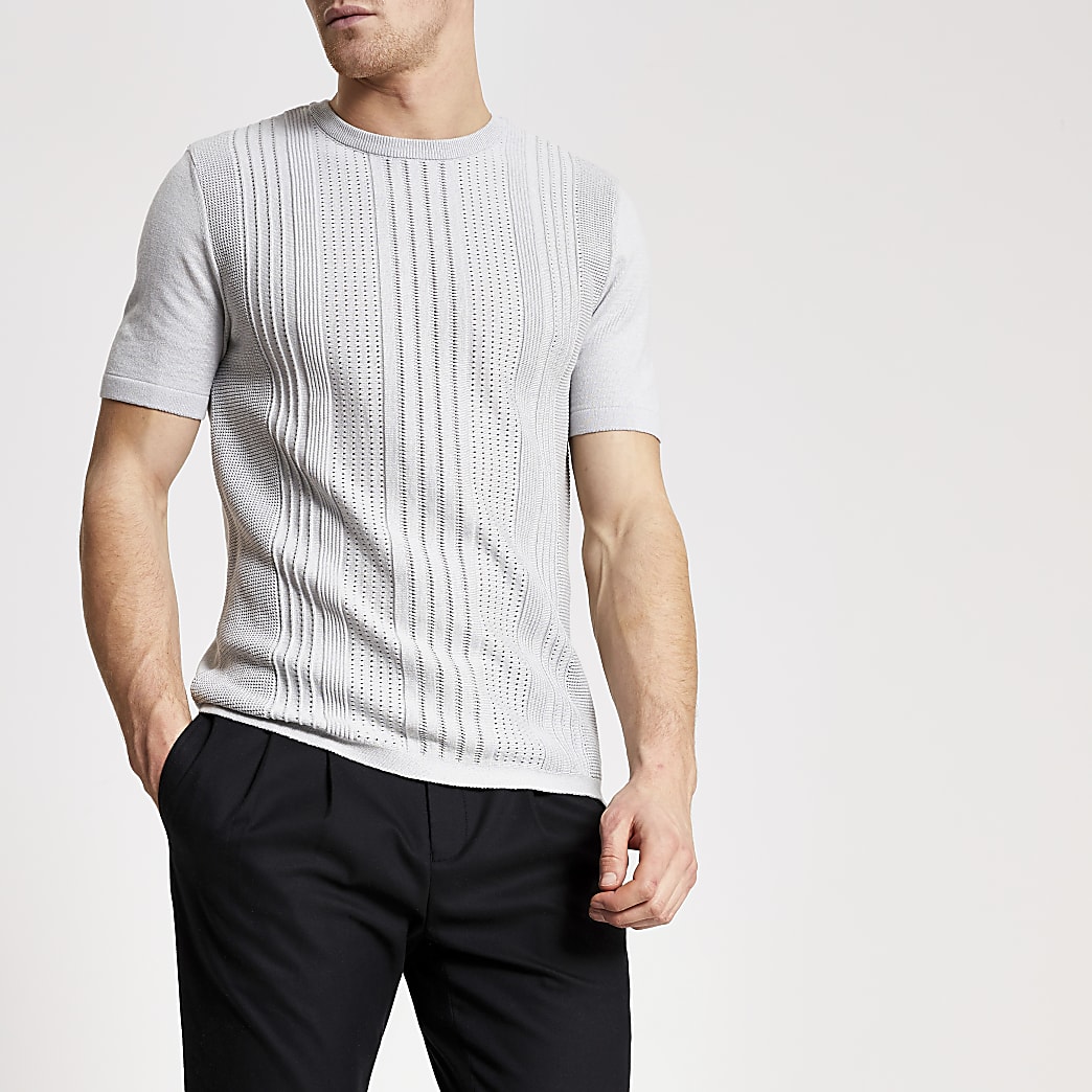 Grey slim fit pointelle knitted T-shirt | River Island