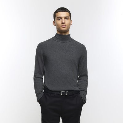 Grey slim fit rolled neck jumper | River Island