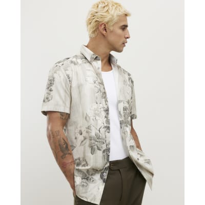 Grey Slim Fit Short Sleeve Floral Shirt