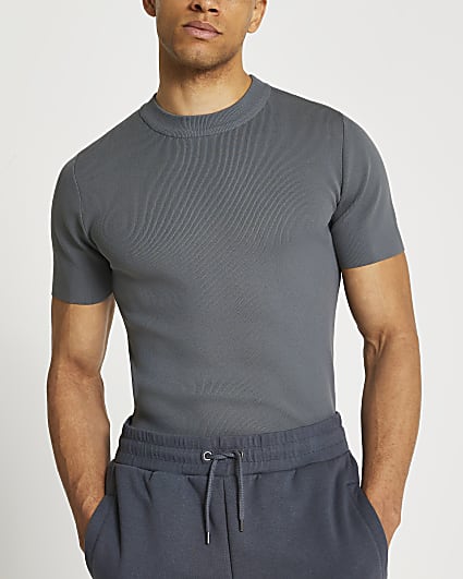 Grey slim fit smart knitted t-shirt