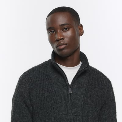 Grey slim fit soft rib half zip jumper River Island