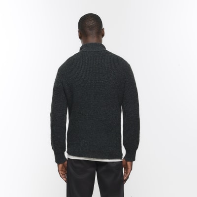 Grey slim fit soft rib half zip jumper