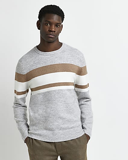 Grey slim fit soft touch colour block jumper