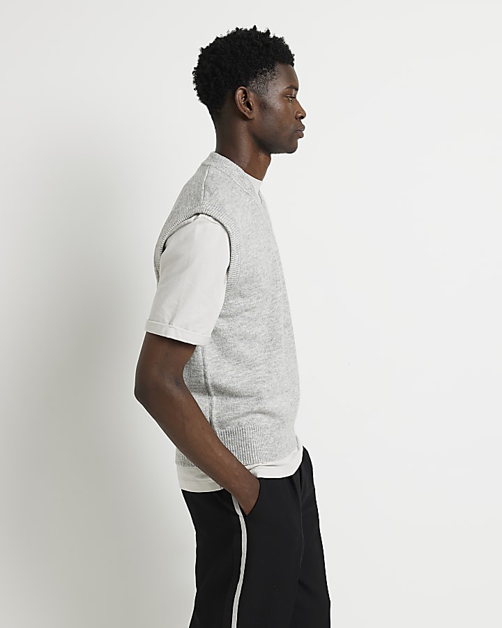 Grey Slim fit Soft Touch V Neck Knitted Vest