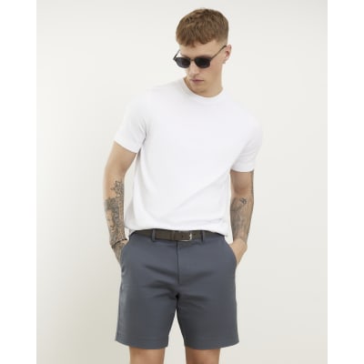 Grey Slim Fit Stretch Belted Chino Shorts